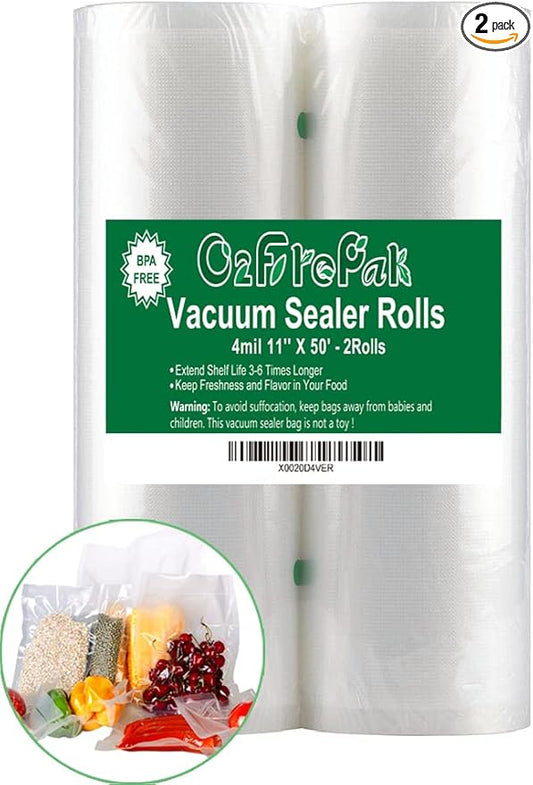 O2frepak 2Pack 11"x50' Rolls 4mil Vacuum Sealer Bags Rolls with BPA Free,Heavy Duty Vacuum Sealer Storage Bags Rolls,Cut to Size Roll,Great for Sous Vide (Total 100 feet)