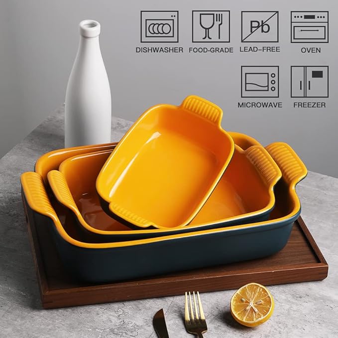 Sweejar Baking Pans Set, Ceramic 9x13 Baking Dish with Handle, Rectangular Casserole Dishes for Oven, Bakeware Sets of 3, Durable Lasagna Pan Deep for Kitchen, Banquet, Wedding Gift(Blue & Yellow)
