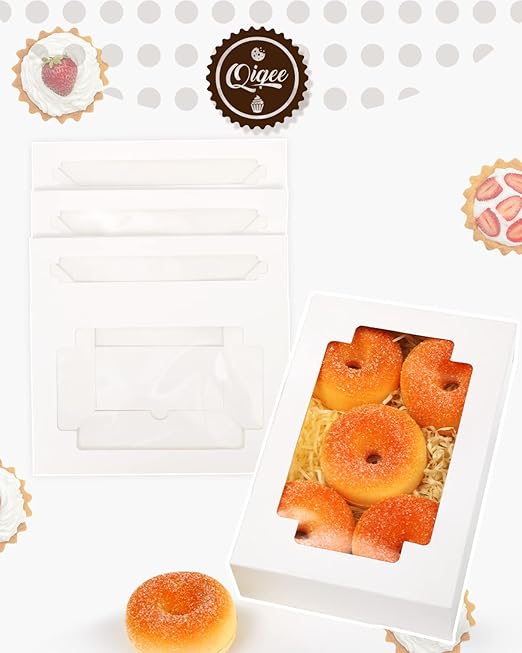 qiqee 50Packs Auto-pop Cookie Boxes for Gift Giving 8x5.3x2 inch White One Second Folding Treat Box with Window Bakery Box for Donuts Candies and Biscuit