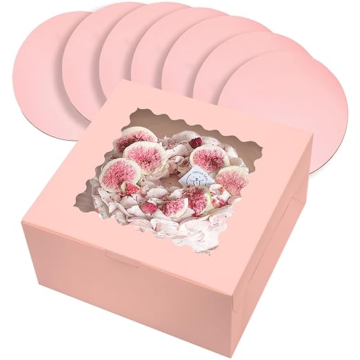 qiqee 10x10x5 Cake Box, 18 Sets Pink Cake Box with Window ＆ 18 Sets 10" Pink Cake Round Boards, 10inch Cake Containers