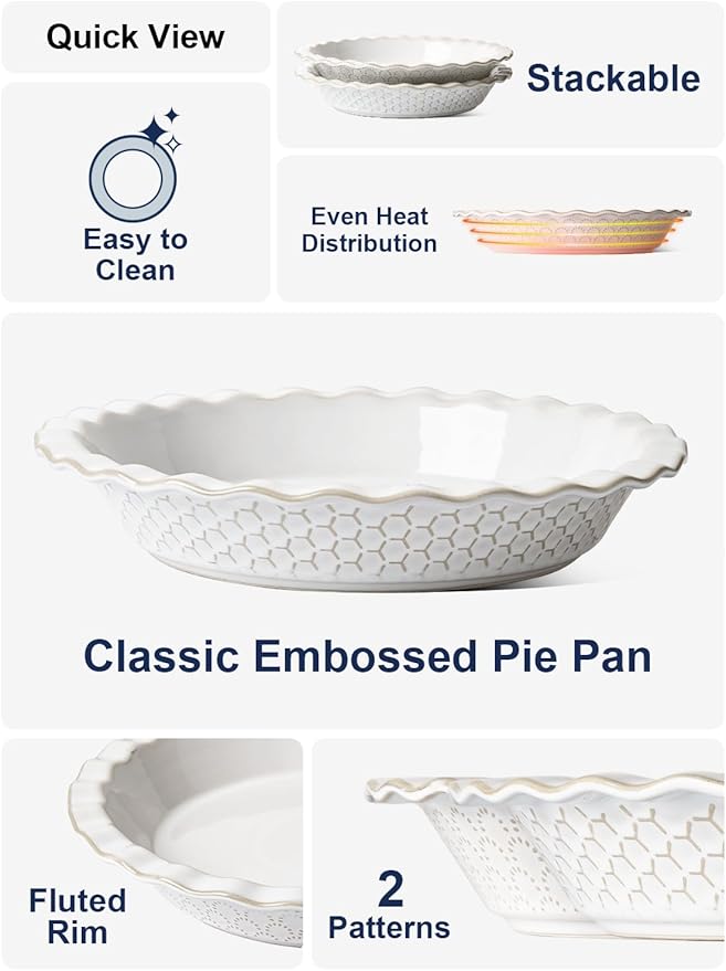 LE TAUCI Pie Pans for Baking 9 Inch, Ceramic Pie Plate for Apple Pie, Round Baking Dish Oven Safe, Embossment Housewarming Wedding Present - 36 OZ, Set of 2, Fireworks + Honey Comb, Arctic White