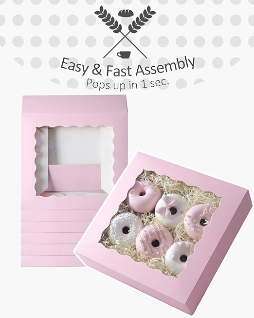 qiqee Auto-pop up Lavender Pie Boxes with Window 10x10x2.5 inch 30Packs Cookie Donut Bakery Box