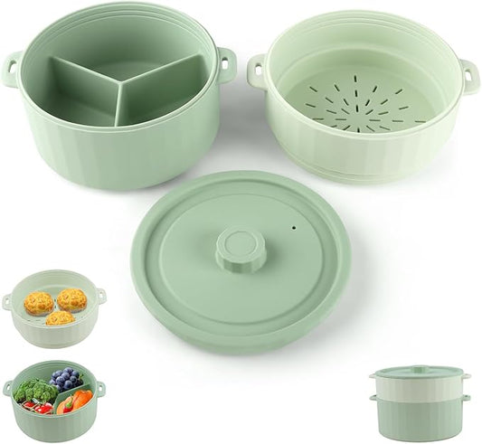 Double-Layer Microwave Steamer Basket, Food-Grade Steamer Pot for Vegetables with Handle and Lid, Heat-Resistant Microwave Steaming Bowl for Easy Clean, Dishwasher Safe, 3 Compartmented