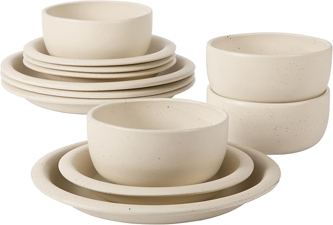 Bloomhouse Corsica Clay 12 Piece Stoneware Rustic Reactive Glaze Dinnerware Set - Stackable Plates and Bowls Set. Service for 4 - Matte Sea Salt White