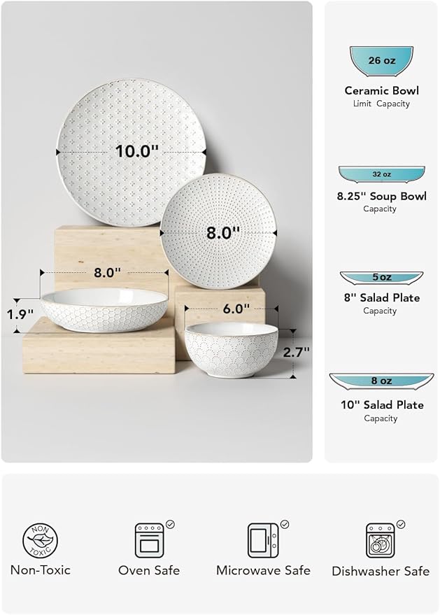 LE TAUCI Dinnerware Sets 16 PCS, Ceramic Plates and Bowls Set, Suit For House Warming Wedding, Serve for 4 (10" Dinner Plates + 8" Salad Dish + 22 oz Cereal Bowl+32 oz Pasta Bowls) x 4, Arctic White