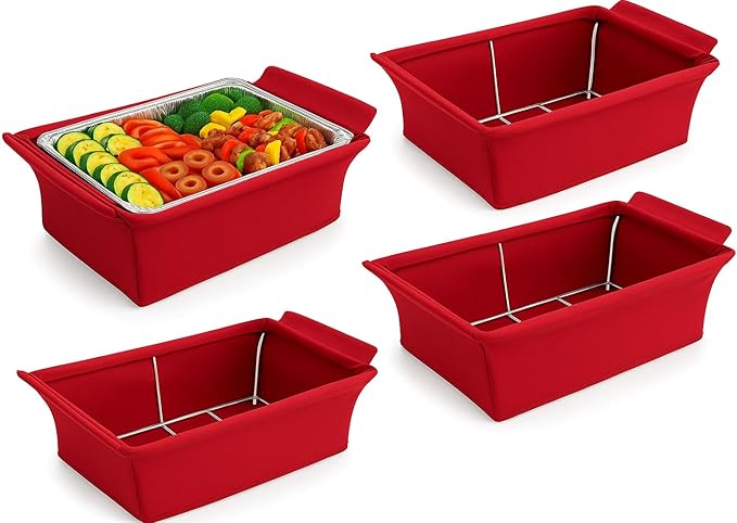 Chafer Wind Guard by Merchlio- 4 Pack | Handle Covered Chafer Dish Covers | Fitted, Washable & Elegant Buffet Decor | Functional Catering Wind Guard (Red)