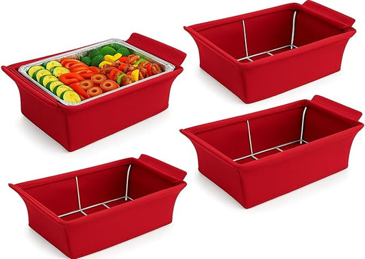 Chafer Wind Guard by Merchlio- 4 Pack | Handle Covered Chafer Dish Covers | Fitted, Washable & Elegant Buffet Decor | Functional Catering Wind Guard (Red)