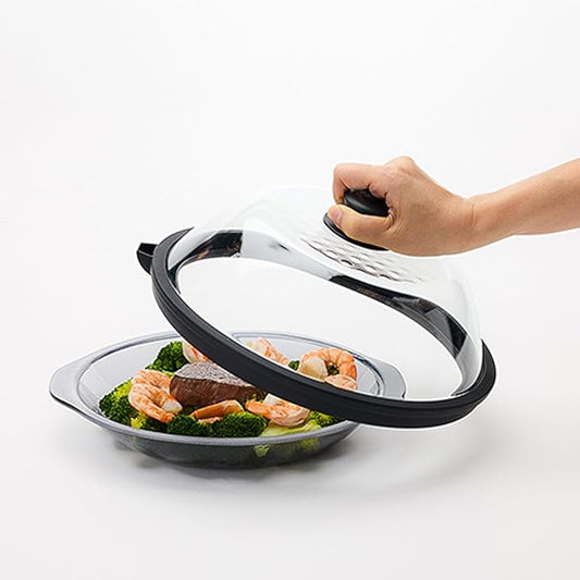 OEC Lightweight Tempered Glass Lid with Water Inlet – Food Splatter Cover, Food-Grade & BPA-Free, Fits Most Plates and Bowls (9.5")