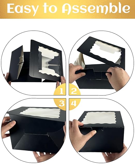 qiqee 10x10x5 Cake Box, 18 Sets Black Cake Box with Window ＆ 18 Sets 10" Black Cake Round Boards, 10inch Cake Containers