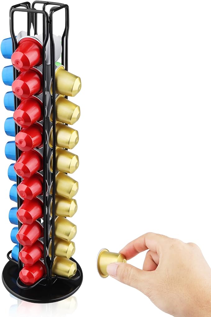 Coffee Pod Holder Compatible with Nespresso Original Capsule– Holds 40 Pods, 360° Rotating Coffee Carousel Storage, Space-Saving Countertop Organizer, Stylish Gift for Coffee Lovers (Black)