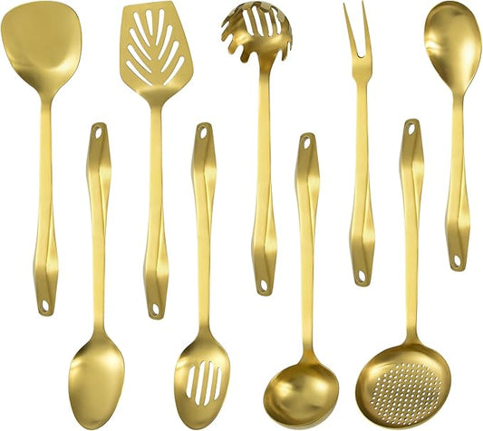 304 Stainless Steel Kitchen Utensil Set - 9pcs Cooking Utensils, Metal Kitchen Utensil Spatula Sets Cookware,High temperature resistance Kitchen Tool Set for Hanging Dishwasher Safe（Gold）