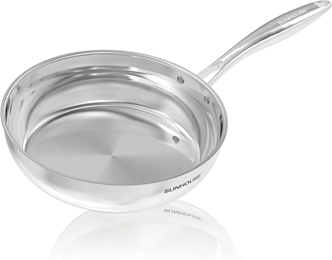 SUNHOUSE – 8 Inch / 20 cm Stainless Steel Frying Pan, Tri-Ply Stainless Steel Construction, PFOA-FREE, Stay-Cool Handle, Induction Compatible with All Cooktops, Dishwasher Safe