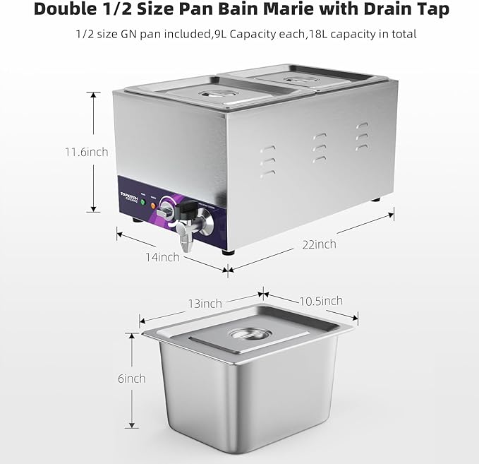 2-Pan Commercial Food Warmer with Non-Leakage Stretch-Forming Water Tank &2 of 1/2 Size GN Pan,Countertop Soup Station Bain Marie with Drain Tap for Buffet,Catering,Parties and Restaurants
