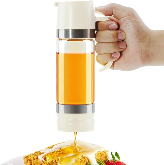 Aelga Glass Honey Dispenser Pot, No Drip 12 OZ Honey Jar with Handle, Syrup Dispenser for Coffee or Tea, White