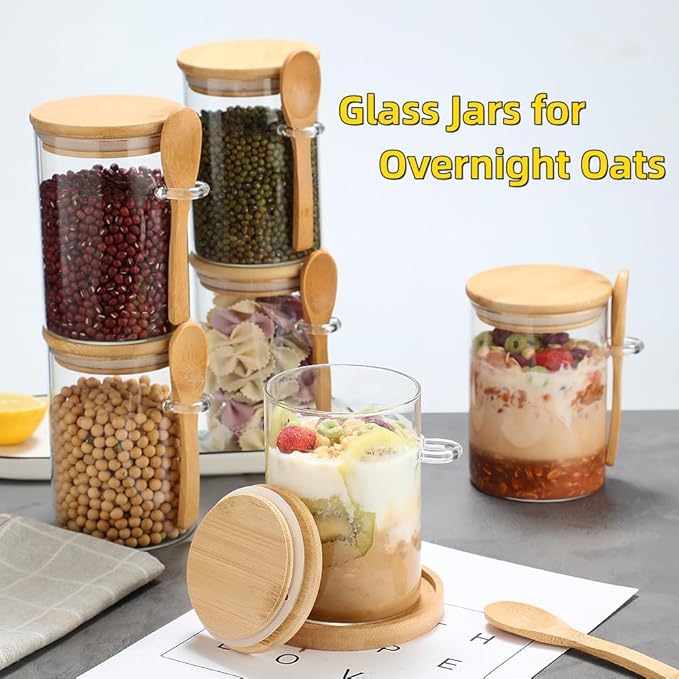 4 Pack Overnight Oats Glass Containers with Lids and Spoons, 17 OZ Glass Jars with Spoons and Lids for Loose Tea, Meal Prep Jars with Bamboo Cover for Chia Pudding, Yogurt