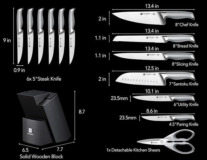 WIZEKA Kitchen Knife Set with Block: 15PCS Easy-Care Knife Block Set with Sharpener, One-Piece German Stainless Steel Kitchen Knives, Silver Wings Series