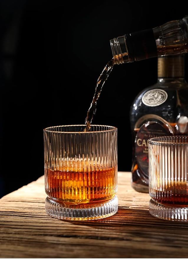 Ribbed Whiskey Glasses Set of 8, 12 Oz Lead-Free Crystal Heavy Base Barware Glass, Perfect for Bourbon Rocks Cocktail Scotch Drinking