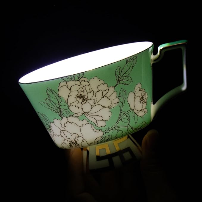 KAMMAK Ceramic Tea Cup and Saucer Set with Gold Trim, Peony Flower Pattern, 240ml Elegant Bone China Coffee Cup Set in Navy Blue & Teal Green, Ideal for Afternoon Tea, Gift for Women