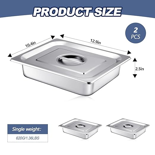 Mifoci Stainless Steam Hotel Pan with Lid, 2-1/2 Inch Deep Steam Table Pan Restaurant Supplies Reusable Anti Rust Catering Storage for Home, Party, Restaurant, Hotel, Buffet(2 Sets,1/2 Size)
