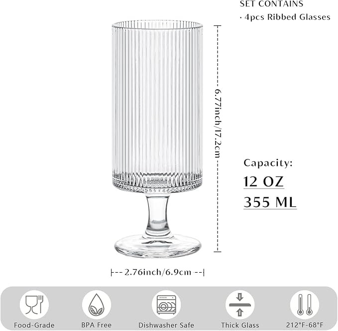 INSETLAN Set of 4 Ribbed Glass Goblets – 12oz Vertical Stripe Stemmed Glassware for Cocktails, Wine, and Beverages – Elegant Durable Glass Cups for Parties, Weddings, and Everyday Use