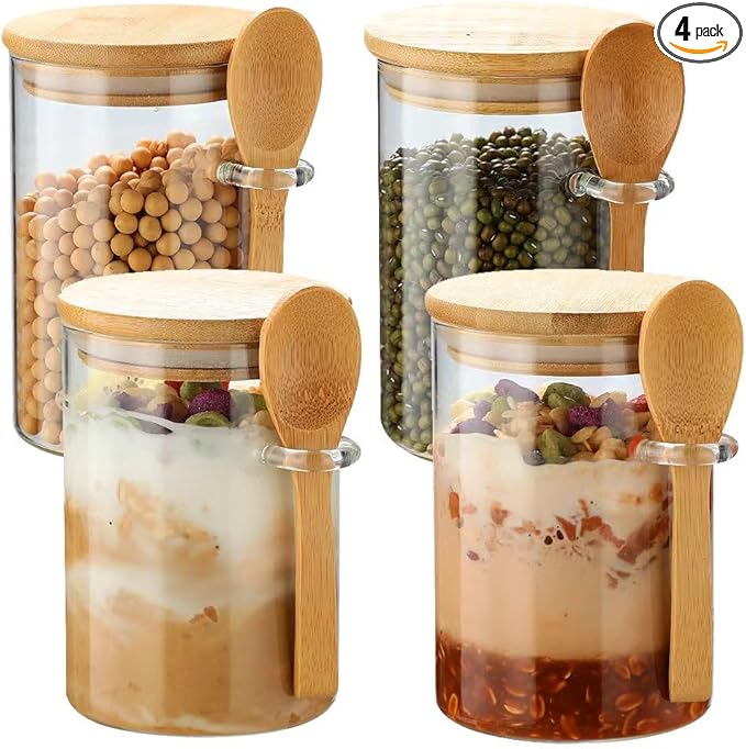 4 Pack Overnight Oats Glass Containers with Lids and Spoons, 17 OZ Glass Jars with Spoons and Lids for Loose Tea, Meal Prep Jars with Bamboo Cover for Chia Pudding, Yogurt