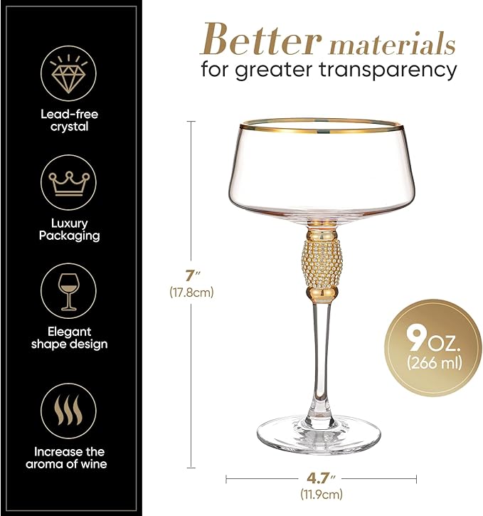 Gold Martini Glasses,Coupe Glass set of 4,Cocktail Glasses,Gold Rimmed&Rhinestones,Margarita Glass,Champagne Tower,Scocktail,Art Deco Glassware,Home Parties,9OZ