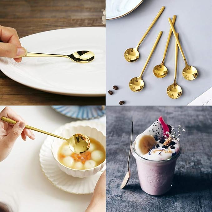 6 Pcs Golden Stainless Steel Round Dessert Spoons - Long Handle for Hot Chocolate, Ice Tea, Latte & Espresso