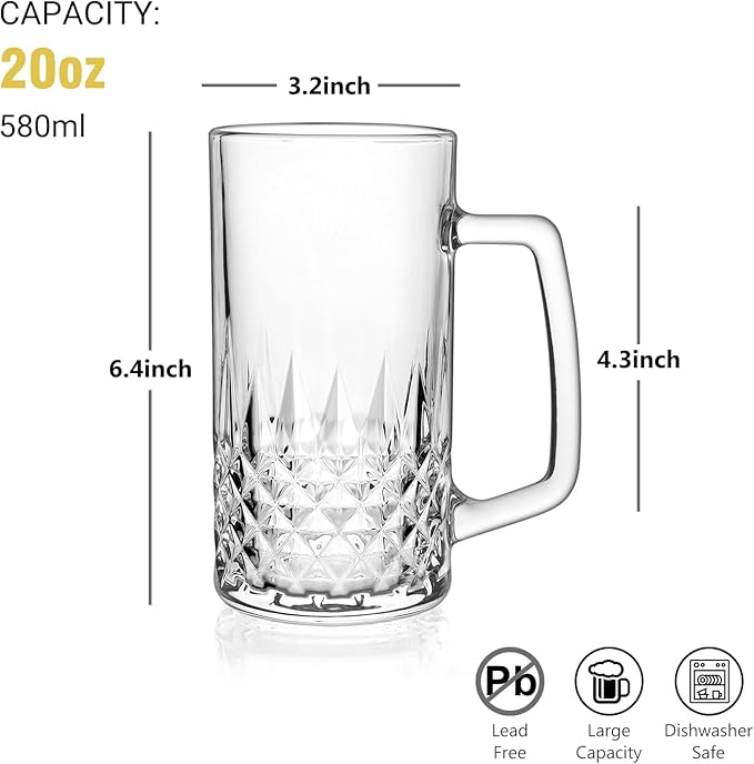 Beer Mug Set of 2, 20oz Crystal Beer Glasses with Handle, Glass Beer Mugs for Freezer, Gifts for Men