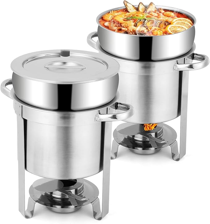 Snowtaros 7QT Soup Chafer, Stainless Steel Round Soup Warmer with Pot Lid & Fuel Holder, Commercial Soup Pot Chafing Dish for Catering, Parties, Banquets, Events (2 Pack)