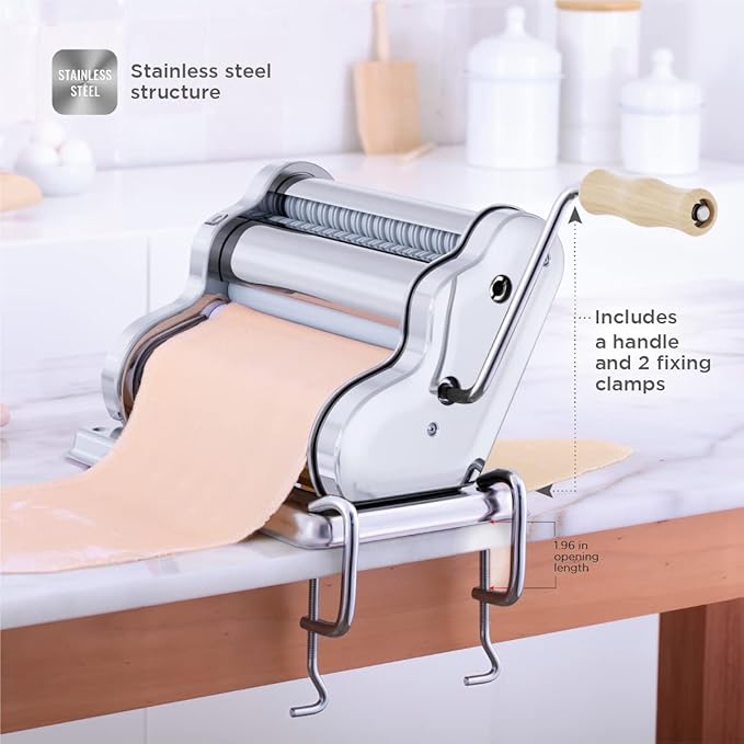 PASTALINDA Classic 260 Pasta Maker Machine, 26 cm Wide Rollers, 9 Thickness Positions, 2 Cutting Positions, Stainless Steel. Includes Reinforced Hand Crank And Two Clamps (Chrome)