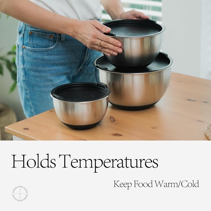 ANGORA BRANDS Stainless Steel Mixing Bowls with Lids - Set of 3 Durable Metal Bowls for Baking & Cooking - Nesting Bowls for Kitchen Efficiency - Non-Slip Mixing Bowls Stainless Steel by Samma