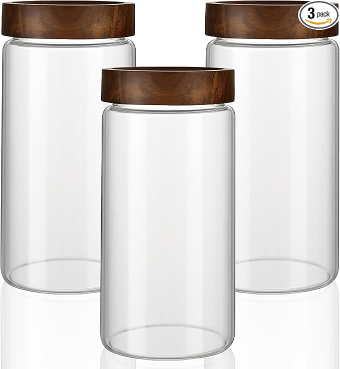 3 Pack 40 oz/1200 ml Clear Glass Storage Canister with Airtight Wooden Screw On Lid, Large Tall Decorative Glass Container Jar Set for Coffee, Nut, Tea, Candy, Cookie, Cereal, Sugar, Flour