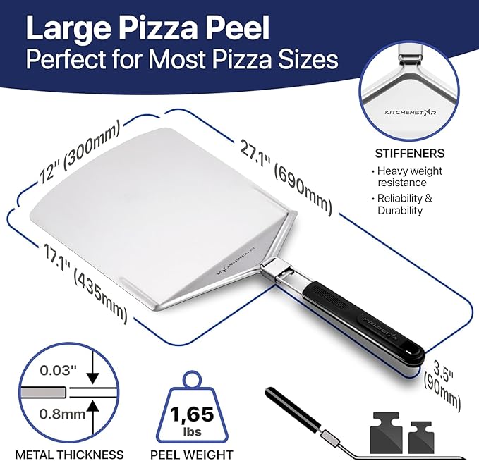 KitchenStar Stainless Steel Pizza Peel 12 inch with 10 inch Folding Handle, Medium - Spatula Paddle for Effortless Pizza Transfer & Easy Storrage - Outdoor Pizza Oven Accessories
