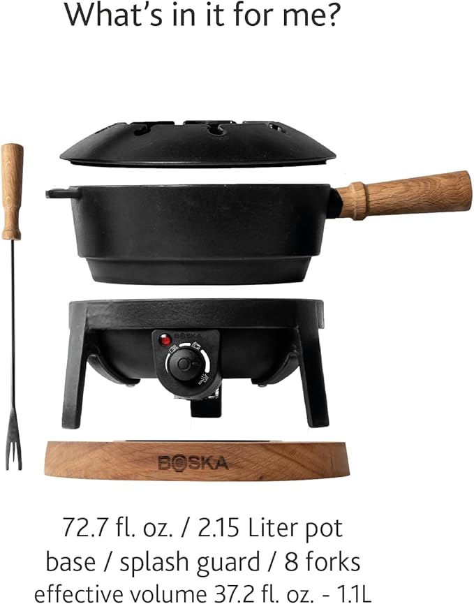 BOSKA Electric Fondue Set Pro/For Cheese, Chocolate and Broth Fondue / 8 people/Robust Cast-Iron/High Quality Materials/Splash Guard Included/Extra-long Cord/Black