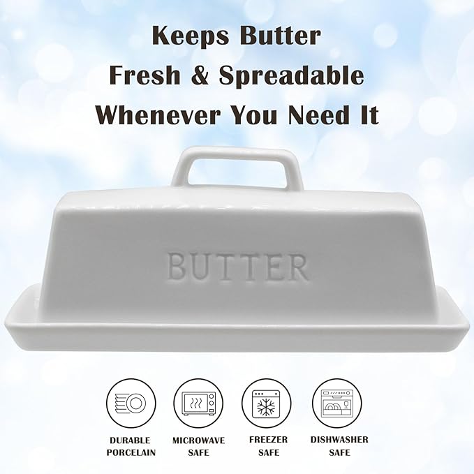 Ceramic Butter Dish With Lid for Countertop, Covered Butter Container, Large Butter Holder With Lid, Butter Tray With Handle White