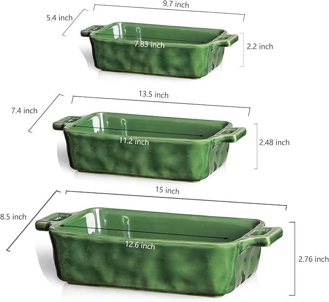VICRAYS Ceramic Bakeware Set, Porcelain Rectangular Baking Dish, Baking Pan Lasagna Pans Casserole Dish Set for Cooking, Kitchen, Cake Dinner, Banquet and Daily Use, 3 PCS, 15 x 8.5 Inches(Green)