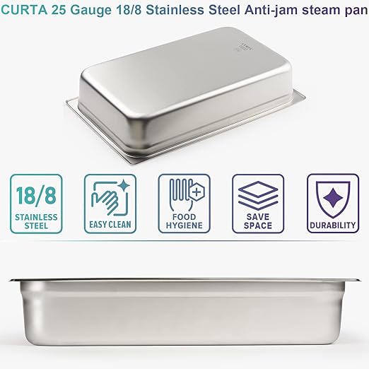 CURTA 6 Pack Full Size 4" Deep Anti-Jam Hotel Pans, NSF Certified 18/8 Stainless Steel Steam Table Food Pans for Catering, Buffet, Restaurant, Commercial Kitchen, Dishwasher Safe, Freezer Safe