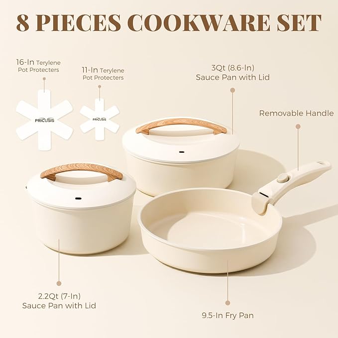 PRICUSIS Ceramic Pots and Pans Set with Detachable Handle, Non-toxic Nonstick 8pcs Cookware Set with Die-cast Lids, Dishwasher & Oven Safe, PTFE PFOA PFAS Free, Perfect for College Dorm, Cream White