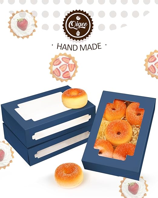 qiqee Blackish Blue Cookie Boxes for Gift Giving 8x5.3x2 inch 24Packs Blackish Blue Bakery Box with Window Treat Box for Donuts Candies and Biscuit