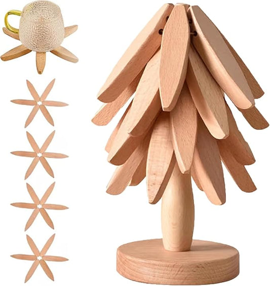 Christmas Tree Trivet Set of 4, Natural Tree Trivet Set - 4 Wooden Trivets & 1 Stand Like a Christmas TRE, Foldable Wood Coasters Heat Resistant Coasters for Hot Pots, Rustic Kitchen(Set b,1pc)