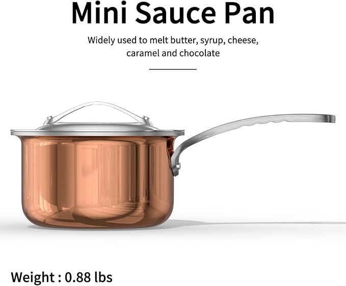 Macevia Mini Sauce Pan with Lid,Copper Butter Warmer Small Pot, Multipurpose Use for Home Kitchen or Restaurant (10.8oz/320ml)