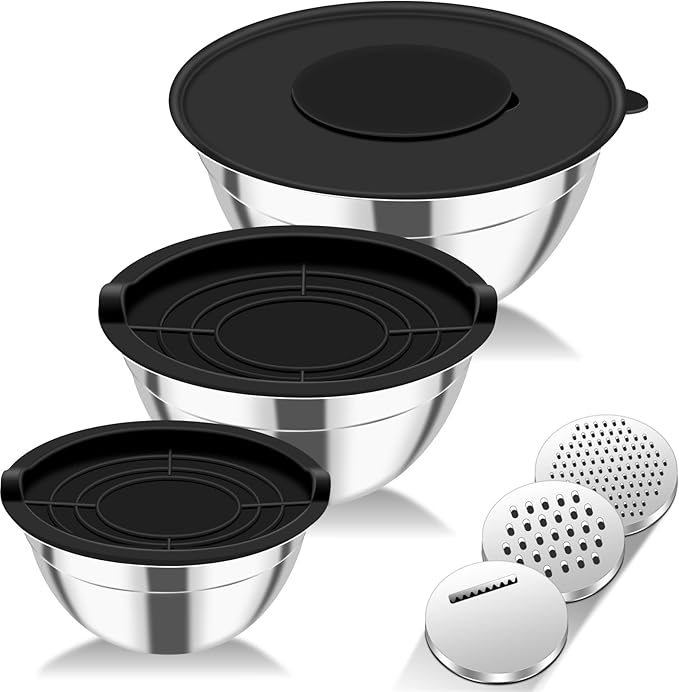 Mixing Bowls with Lids Set of 3,Stainless Steel Mixing Bowls with 3 Grater Attachments,Metal Nesting Salad Bowl for Cooking,Prepping, Serving Food,Stackable Design,Size 4.5/2.5/1.5 QT (Black)