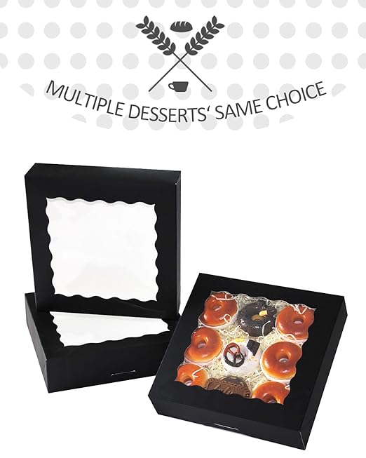 qiqee Auto-pop up Black Pie Boxes with Window 10x10x2.5 inch 30Packs Cookie Donut Bakery Box