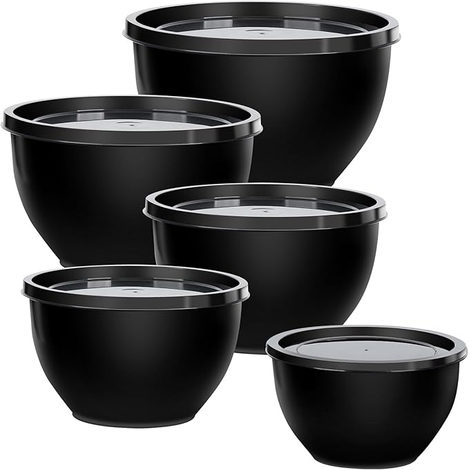 5-Piece Plastic Mixing Bowls with Lids Set for Kitchen, Nesting Bowls for Mixing, Baking, Prepping, Cooking and Serving Food, Black Mixing Bowls Dishwasher, Microwave Safe