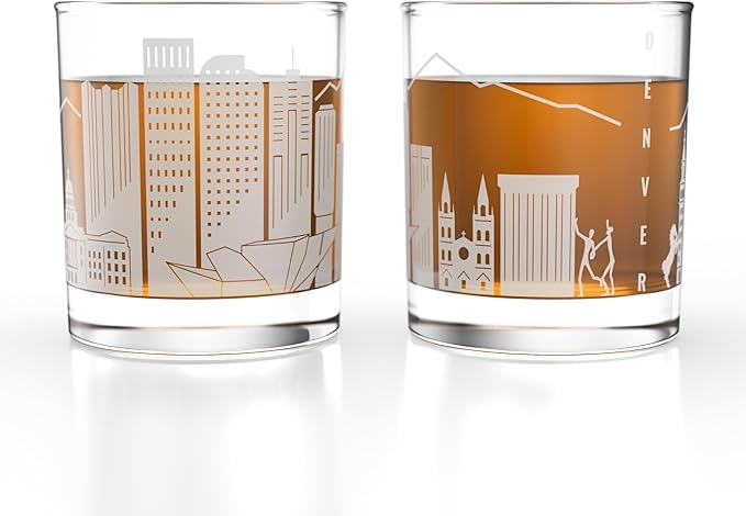 Greenline Goods – Denver, CO Skyline Whiskey Glasses (Set of 2), 10 oz – Rocks/Old Fashioned Tumblers