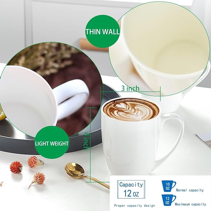 White Thin Over 45% Bone Content Fine Bone China Coffee Mugs 10 oz, Lightweight Porcelain Cups for Espresso Latte Mocha Cappuccino, Luxury Ceramic Tea Cup Set of 4, Dishwasher Microwave Freezer Safe