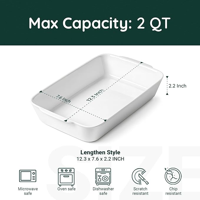 2 QT Small Ceramic Baking Dish, White Casserole Dish with Roasting Racks, Lasagna Pan for Oven, Ceramic Baking Pan, Kitchen Decor, Microwave Oven Safe, Dinner, Wedding (7.6" x 12.3")