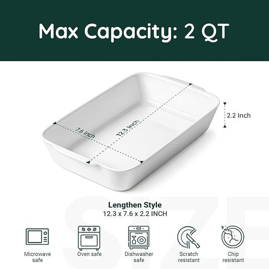 2 QT Small Ceramic Baking Dish, White Casserole Dish with Roasting Racks, Lasagna Pan for Oven, Ceramic Baking Pan, Kitchen Decor, Microwave Oven Safe, Dinner, Wedding (7.6" x 12.3")