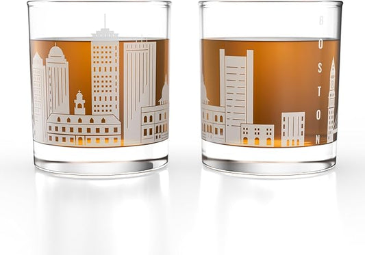Greenline Goods – Boston, MA Skyline Whiskey Glasses (Set of 2), 10 oz – Rocks/Old Fashioned Tumblers