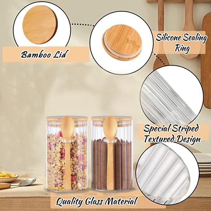 24 FL OZ Airtight Glass Jars with Bamboo Spoons Lids Overnight Oats Container Decorative Coffee Bar Food Storage Jar Cereal Nuts Salts Coffee Tea Flour Sugar Container Spice Jars (2Pack)